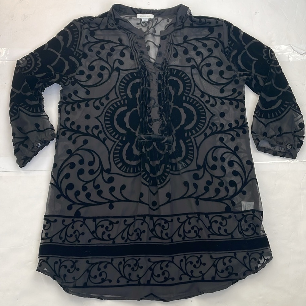 Garnet Hill Black Tunic Sheer Top Velvet Burnout Floral Design Size 6